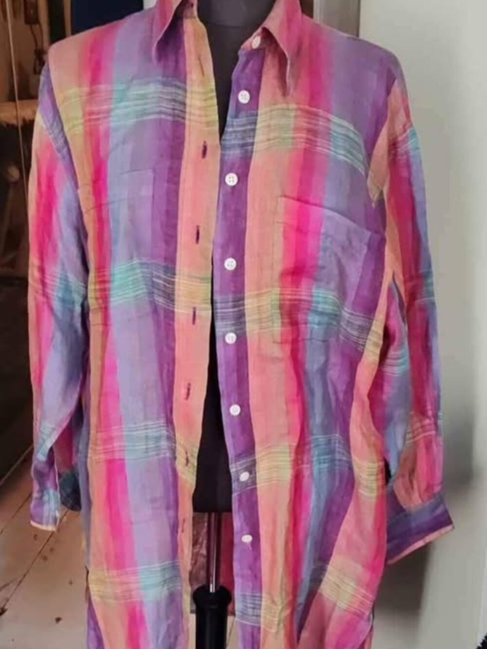 Olivier Strelli Belgian Linen Summer Shirt Pastel Plaid Tunic Women S/M